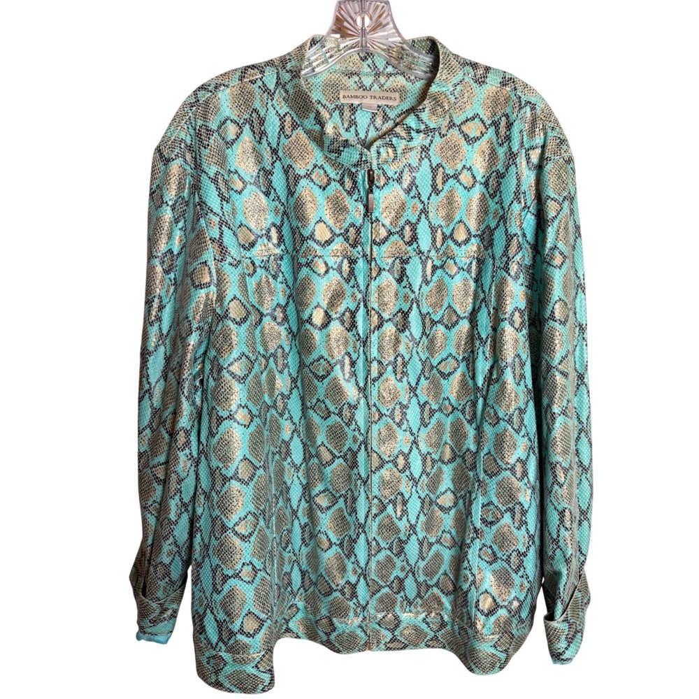 Bamboo Traders Snakeskin Jacket Womens 2X Turquoise Gold Polyester Zip Up Bomber